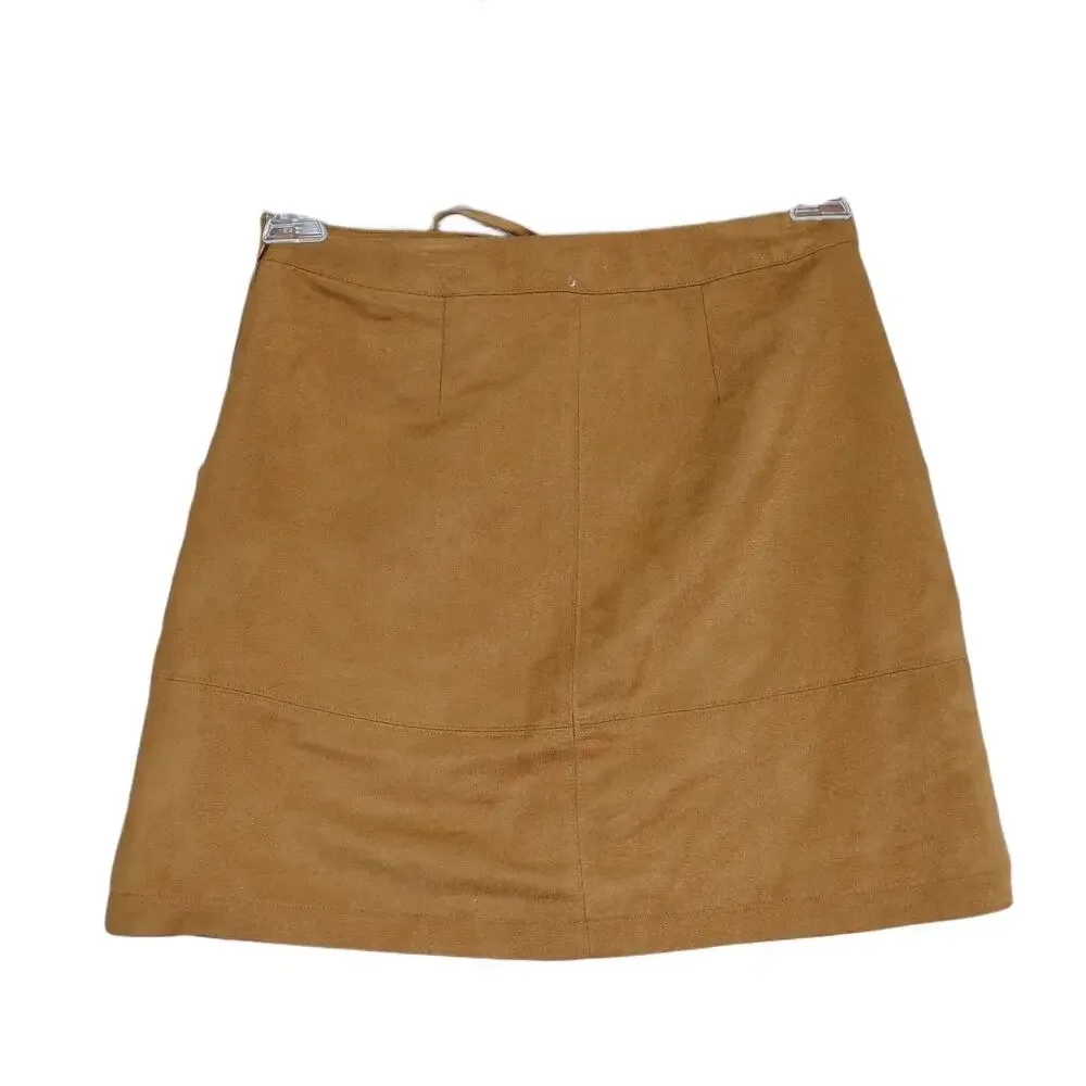 Lauren Conrad Sz‎ 2 Lace-Up Tie Front Tan Faux Suede Mini Skirt Pockets Peasant